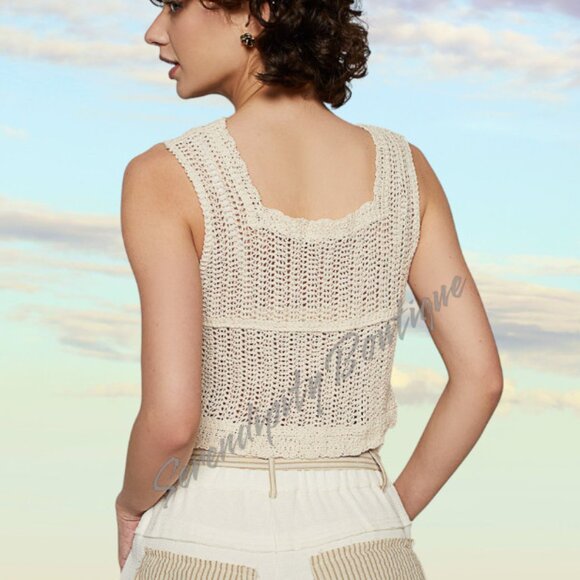 POL Natural Sand Crochet Embroidered Floral Boho Cotton Crop Top - Picture 5 of 9